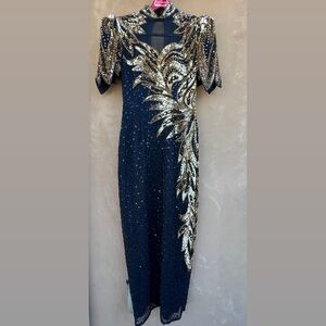 Vintage Baluchi Evening Gown Gold Black Sequin Beaded Maxi Dress Size Small